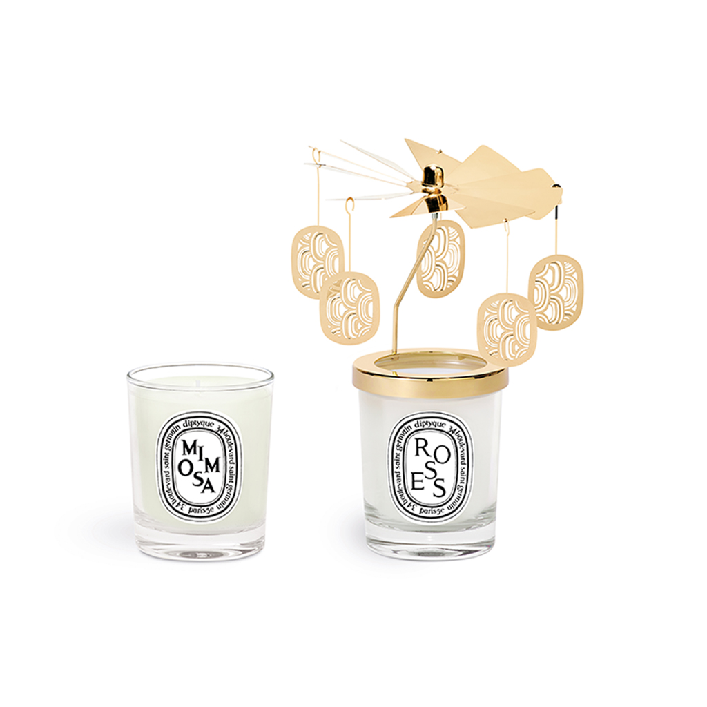 Carousel Set with Two Small Candles: Roses and Mimosa